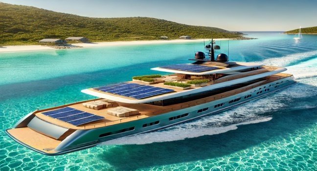 Eine moderne, nachhaltige Yacht mit Solarpaneelen und elegantem Design, gleitet durch türkisfarbene Gewässer vor einer grünen Küste – perfekt für umweltbewusstes Yachting