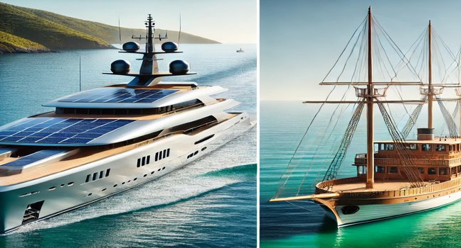 Vergleich zwischen moderner Yacht mit futuristischem Design und klassischer Yacht mit traditioneller Holzoptik, beide in türkisfarbenen Gewässern vor grüner Küste