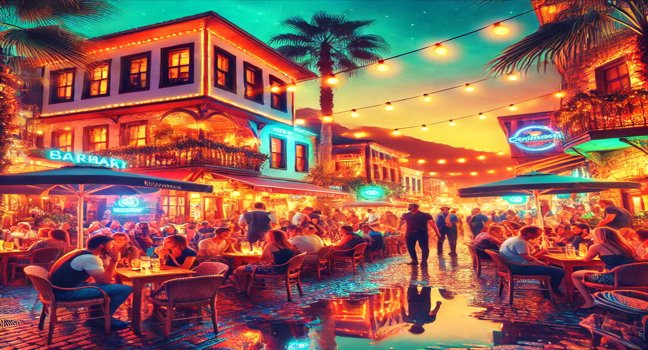 A vibrant scene of Marmaris nightlife featuring lively streets with lit-up bars and cafes, people socializing, and colorful lights reflecting on cobblestone pathways, set against traditional architecture