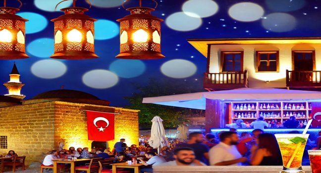 A lively scene depicting Turkey's nightlife with outdoor bars, traditional lanterns, historic architecture, and people enjoying a festive atmosphere under a starry sky