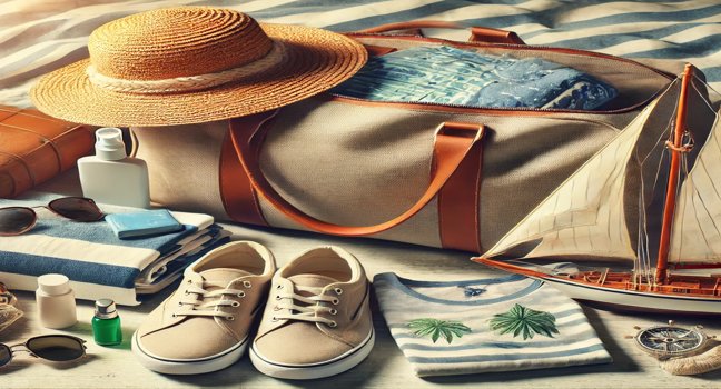 Organized items for a Mediterranean sailing trip, including lightweight clothing, sunhat, sunglasses, sunscreen, and sailing gear like boat shoes, set in a nautical-themed scene