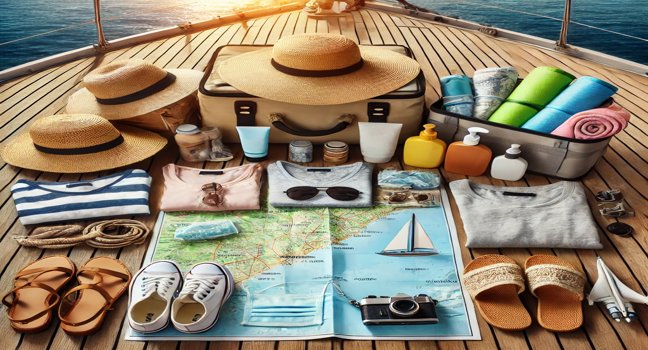 Organisierte Packliste für eine Yachtreise - Sonnenhut, Sonnenbrille, Sonnencreme, Badebekleidung, leichte Kleidung, Landkarte und Sandalen auf einem Holzdeck