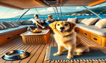 Experience a pet-friendly yacht journey with cozy spaces and amenities for your furry friend, set against a beautiful coastal view