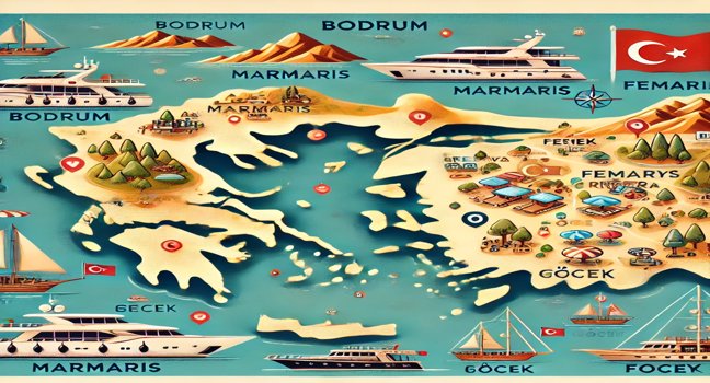 Map highlighting Bodrum, Marmaris, Fethiye, and Göcek, Turkey’s popular destinations for yacht charters along the scenic Turkish Riviera