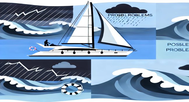 Illustrative scene of yachting challenges on the high seas, featuring rough waves, stormy weather, and safety precautions to highlight potential issues faced during sailing