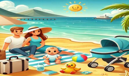 Eine Familie mit Baby genießt eine Reise am Strand mit Baby-Essentials wie Kinderwagen, Wickeltasche und Spielzeug – perfekt für stressfreie Familienreisen