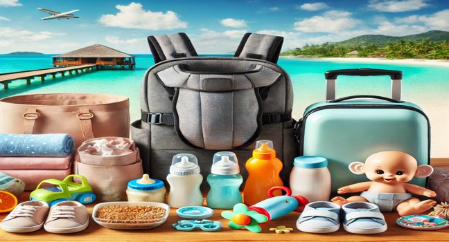 Essentials für den Urlaub mit Baby - Wickeltasche, Babytrage, Sonnencreme, Babyspielzeug und Kinderwagen, vor der Kulisse türkisfarbener Gewässer