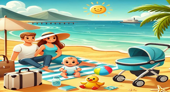 Eine Familie mit Baby genießt eine Reise am Strand mit Baby-Essentials wie Kinderwagen, Wickeltasche und Spielzeug – perfekt für stressfreie Familienreisen