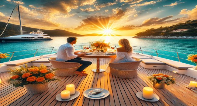 Ein romantisches Abendessen bei Sonnenuntergang auf einer Yacht im Mittelmeer, mit Kerzenlicht, Wein und Blick auf türkisfarbenes Wasser und malerische Küste