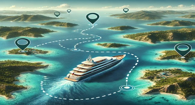 Eine luxuriöse Yacht segelt zwischen Inseln auf türkisfarbenem Wasser, mit markierten Routenpunkten und einer malerischen Küste – perfekt für Planung und Abenteuer