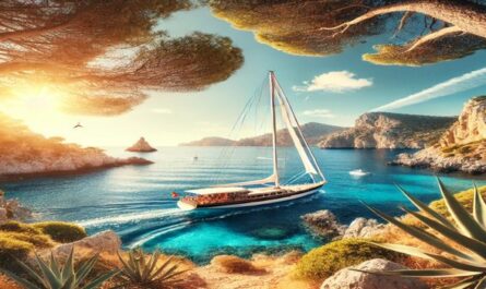 A serene scene of sailing the Mediterranean, featuring a sailboat on clear blue waters with rocky cliffs and lush greenery under a sunny sky