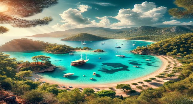 Crystal-clear turquoise waters surrounded by lush, tree-covered hills and anchored boats near the shore under a bright, sunny sky at Sarsala Bay