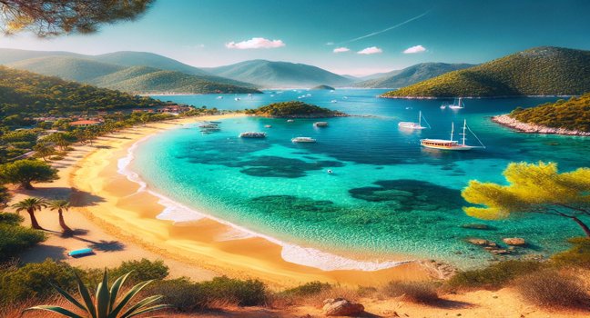 Ein atemberaubender Strand in Fethiye mit goldenem Sand, kristallklarem türkisfarbenem Wasser und grünen Hügeln – ideal für einen entspannten Urlaub