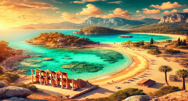 Explore Sedir Island (Cleopatra Island) with its golden sandy beach, clear turquoise waters, ancient ruins, and lush greenery under a warm, sunny sky