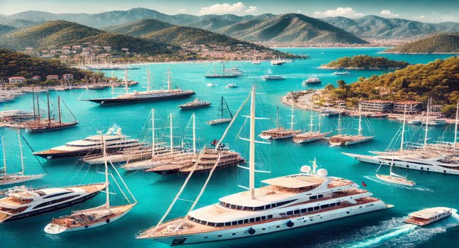 Genießen Sie Segeln und Yachting in Marmaris: Luxusyachten und Segelboote auf türkisfarbenem Wasser, umgeben von malerischer Küste und lebendiger Marina