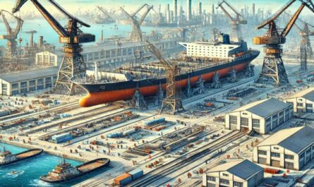 A detailed view of a shipyard with large ships under construction, cranes, and workers in protective gear, set against an industrial backdrop and the sea