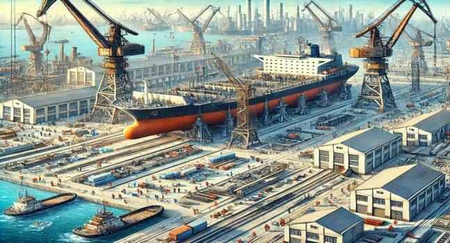 A detailed view of a shipyard with large ships under construction, cranes, and workers in protective gear, set against an industrial backdrop and the sea