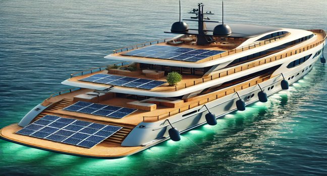 Best Yachts 2024 featuring sustainable, eco-friendly designs with solar panels and natural accents, set against serene sea views