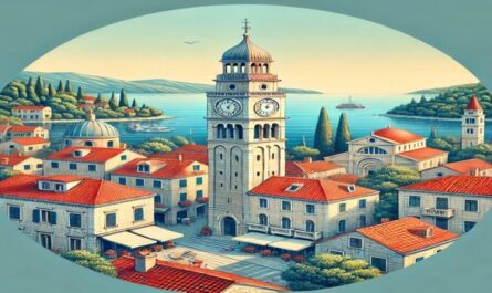 A beautiful clock tower in a coastal Croatian town, surrounded by red-roofed buildings, the Adriatic Sea, and green hills under a clear blue sky