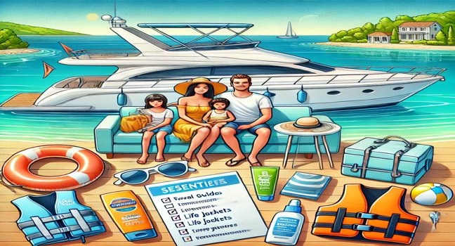 Familie auf einer Yacht mit wichtigen Essentials: Reiseführer, Sonnencreme, Rettungswesten und Checkliste – perfekte Vorbereitung für einen sicheren Familienurlaub