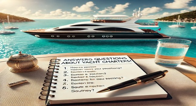 Ein professionelles Setup auf einer Luxusyacht mit Notizbuch und türkisfarbenem Wasser im Hintergrund – die wichtigsten Fragen zum Yachtcharter beantwortet