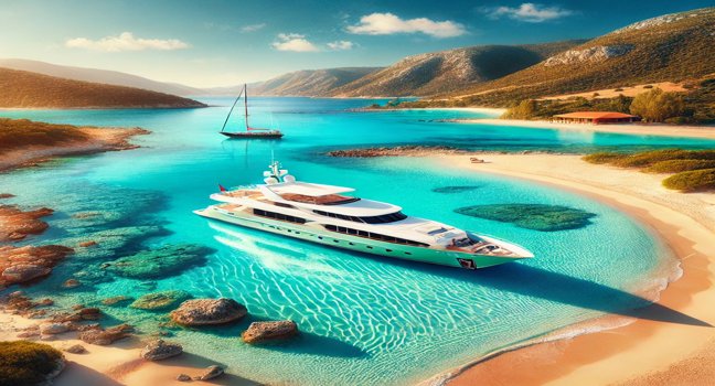 Eine Luxusyacht ankert an einem ruhigen Mittelmeerstrand mit türkisfarbenem Wasser, goldenem Sand und grünen Hügeln – ideale Reiseziele für Entspannung