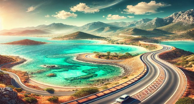 A winding coastal road along the Mediterranean Gulf with turquoise waters and mountains under a sunny sky, showcasing the beauty of this travel route