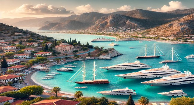 A scenic view of luxurious yachts anchored near a beautiful Turkish coastline with turquoise waters and lush green hills in the background