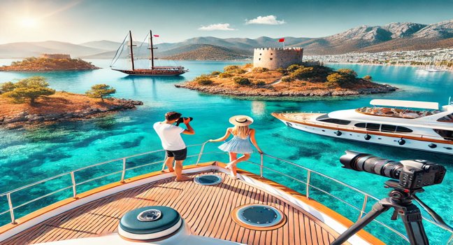 Discover the best photography spots on a yacht trip in Bodrum, including scenic views of Bodrum Castle, turquoise waters, and coastal cliffs