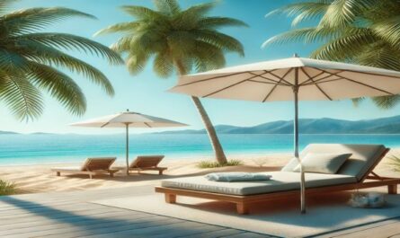 A peaceful vacation setting featuring a beach, sun lounger under an umbrella, palm trees, and the clear blue sea in the background