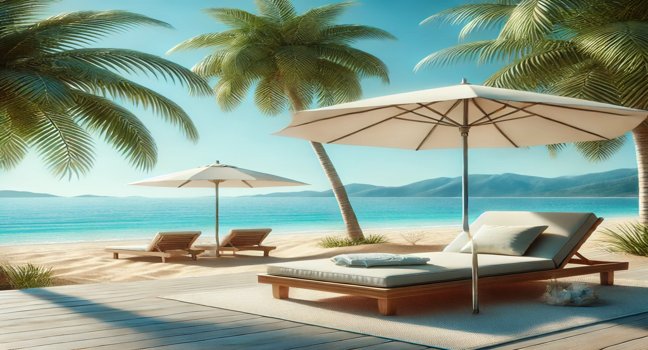 A peaceful vacation setting featuring a beach, sun lounger under an umbrella, palm trees, and the clear blue sea in the background