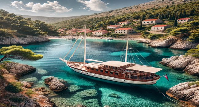 Eine Gulet-Yacht liegt in einer ruhigen Bucht in Kroatien. Umgeben von türkisfarbenem Wasser, felsigen Klippen und einem charmanten Dorf im Hintergrund