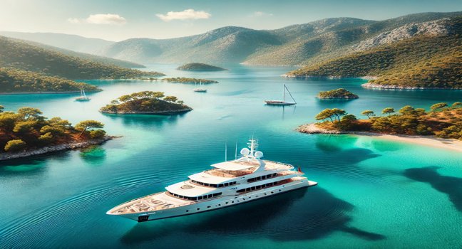 Eine Luxusyacht liegt in einer ruhigen Bucht in Fethiye, Türkei, umgeben von türkisfarbenem Wasser, grünen Hügeln und sonnigem Himmel – ideal für Erholung