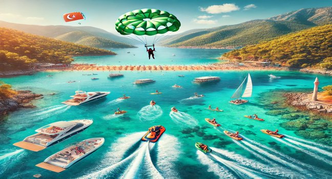 erleben Sie Marmaris mit aufregendem Wassersport wie Jet-Ski, Parasailing und Kajakfahren in türkisfarbenem Wasser vor atemberaubender Kulisse