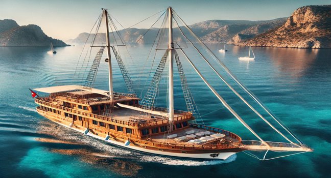 A classic Turkish gulet with wooden design and spacious deck, sailing along scenic coastal cliffs and islands, perfect for relaxed coastal cruises