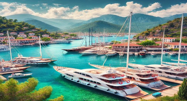 Luxurious yachts docked in Fethiye's marina, surrounded by turquoise waters and lush green mountains under a bright, clear sky