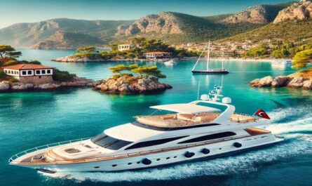 Yacht Charter Turkey captured with a luxurious yacht gliding on calm turquoise waters, framed by rocky cliffs, lush greenery, and traditional Turkish architecture under a sunny sky