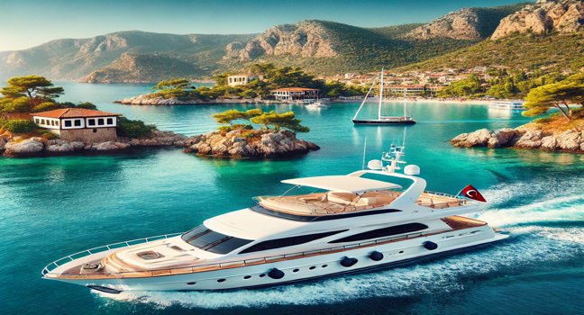 Yacht Charter Turkey captured with a luxurious yacht gliding on calm turquoise waters, framed by rocky cliffs, lush greenery, and traditional Turkish architecture under a sunny sky