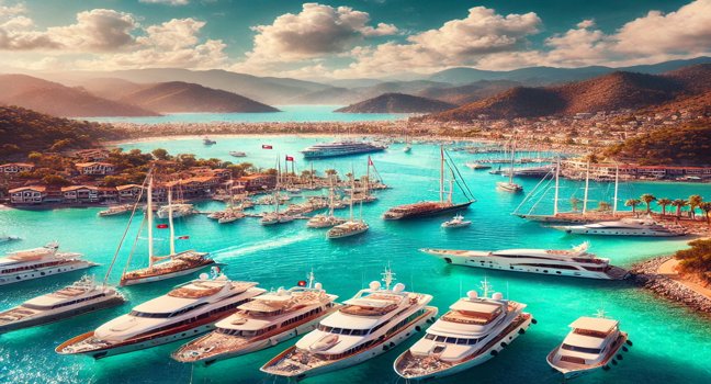 A picturesque view of luxurious yachts on turquoise waters near a charming coastline with lush green hills and sunny skies in Turkey