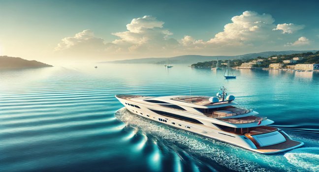 A luxury yacht sailing on clear blue waters, framed by a scenic coastline under a bright sky, highlighting the appeal of yacht chartering