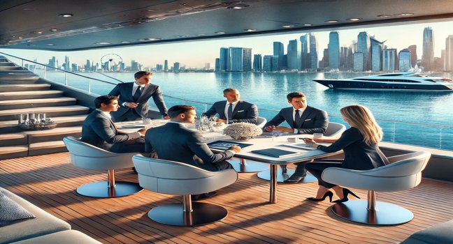 Professionals hold a meeting on a modern yacht deck, surrounded by calm waters and a city skyline, showcasing the blend of luxury and efficiency in yacht charters for business trips