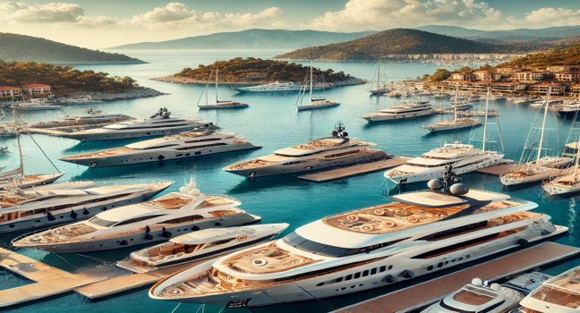 A range of luxurious yacht models anchored in a picturesque marina in Turkey, set against clear blue waters and a sunny coastline