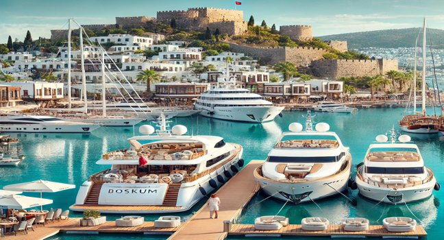 Elegant yachts docked at Bodrum Marina, with Bodrum Castle and whitewashed buildings in the background, showcasing luxury, leisure, and exclusive marina amenities under a sunny sky