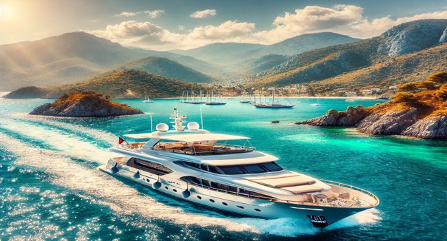 Eine luxuriöse Yacht segelt durch die türkisfarbenen Gewässer von Fethiye, umgeben von grünen Hügeln und einer malerischen Küste – ideal für einen Yachtcharter