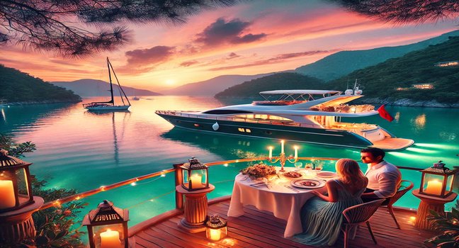 Yachtcharter in Marmaris für Romantik: Candle-Light-Dinner bei Sonnenuntergang und ruhige Buchten