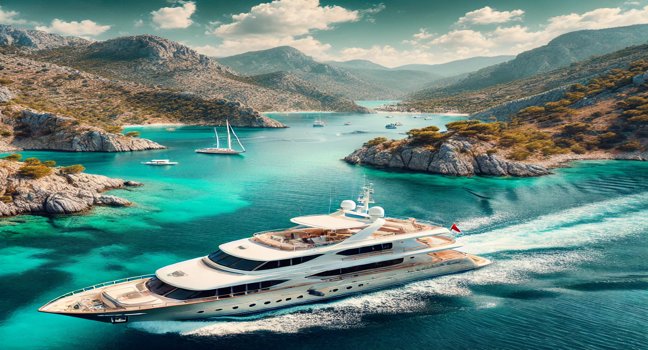 Eine luxuriöse Yacht kreuzt durch türkisfarbene Gewässer in der Türkei, umgeben von felsigen Klippen, grünen Hügeln und sonnigem Himmel – ideal für Charter-Erlebnisse