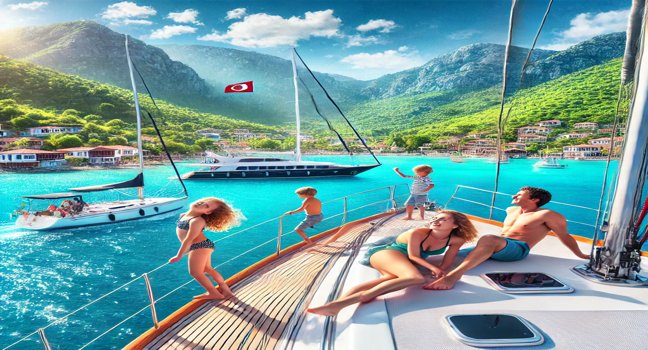 Eine Familie genießt einen Yachtcharter in der Türkei: Kinder spielen an Deck, Eltern entspannen, umgeben von türkisfarbenem Wasser und malerischer Küste