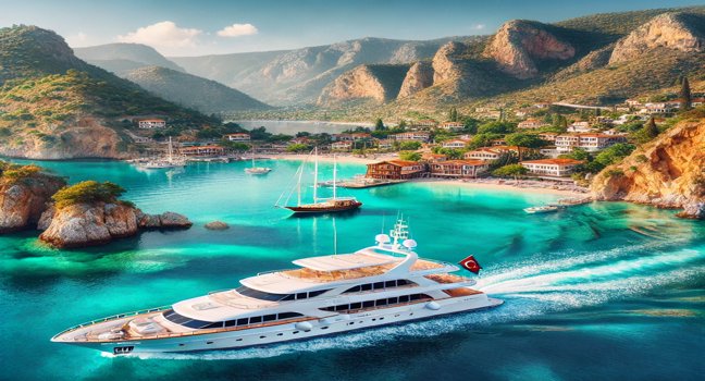 Eine Luxusyacht auf türkisfarbenem Wasser entlang der türkischen Küste, umgeben von Klippen, grünen Hügeln und charmanten Dörfern – perfekter Yachturlaub