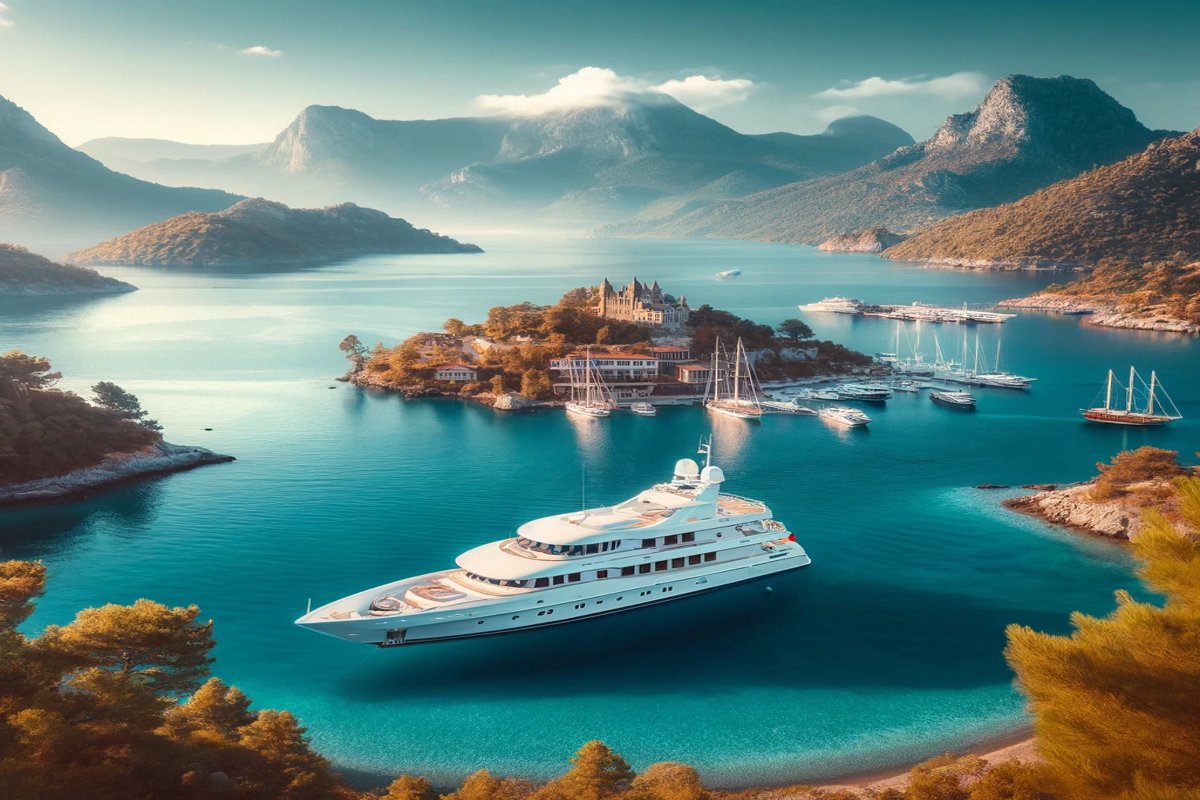 Eine luxuriöse Yacht in Göcek, umgeben von der Schönheit der Natur und kunstvoller Architektur – ein perfekter Ort zum Entspannen und Genießen