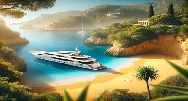 Secluded golden beach with turquoise waters, lush greenery, cliffs, and a nearby anchored yacht under a sunny, serene blue sky